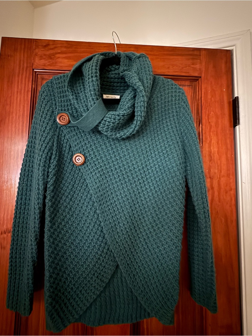 Miracle Teal Knit Cowl Neck Wrap Sweater with Wooden Buttons